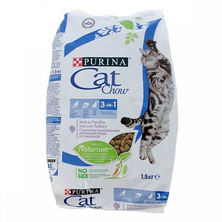 фото Cat Chow (Кет чау) - Feline 3 in 1, корм для кошек с формулой тройного действия, 1,5 кг - зоомагазин 4 лапы